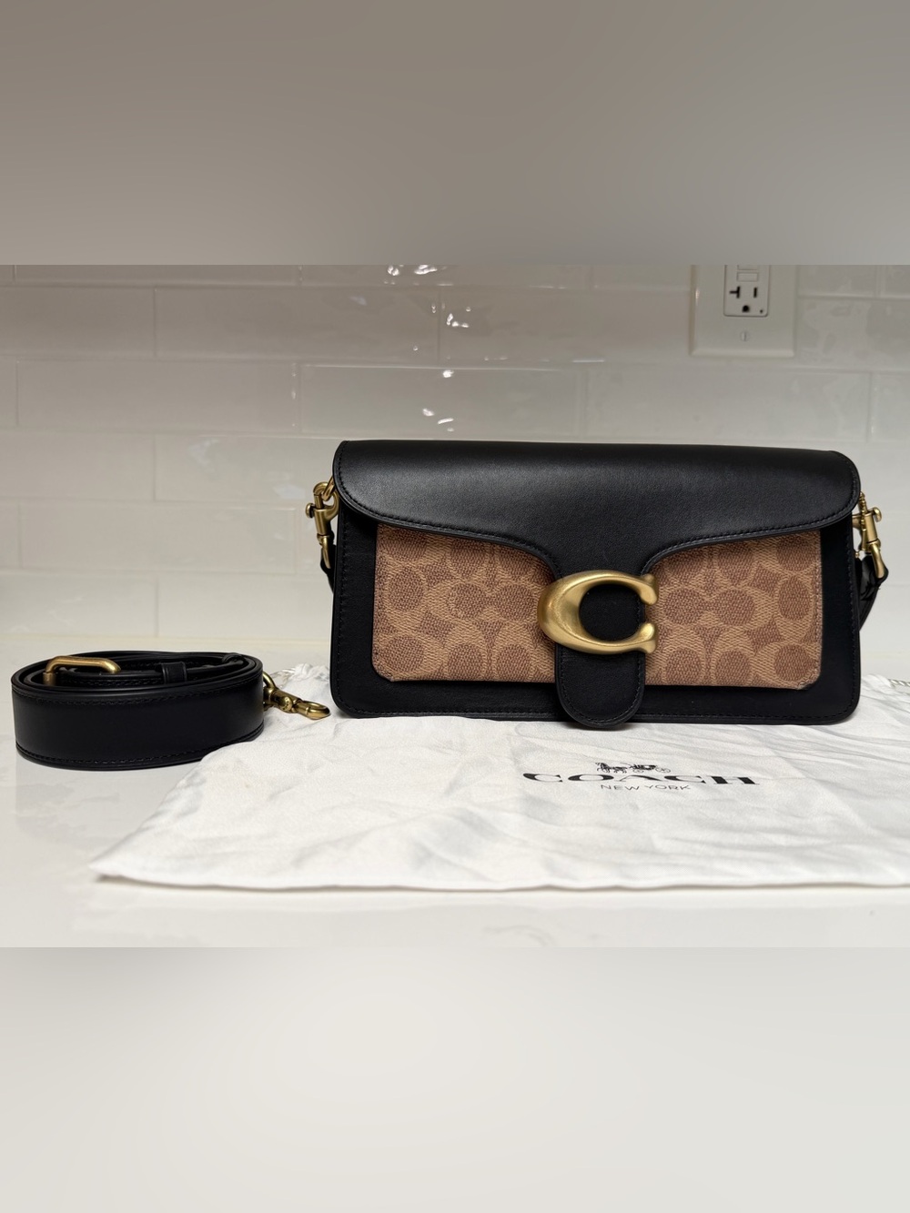 Coach Tabby 26 Black Leather & Brown Signature Canvas Crossbody with Gold 'C' - Picture 1 of 11